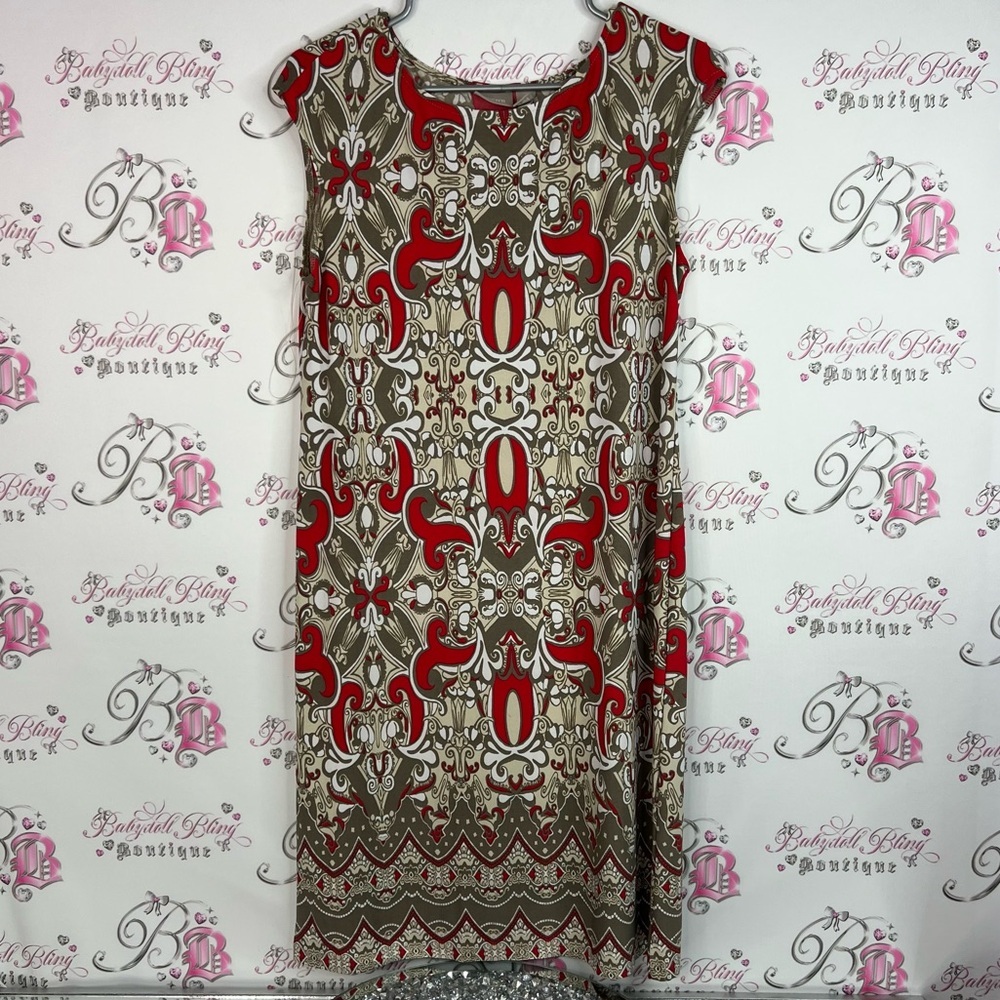 Chico's dress paisley brown cream Red white Midi Dress sleeveless tank style